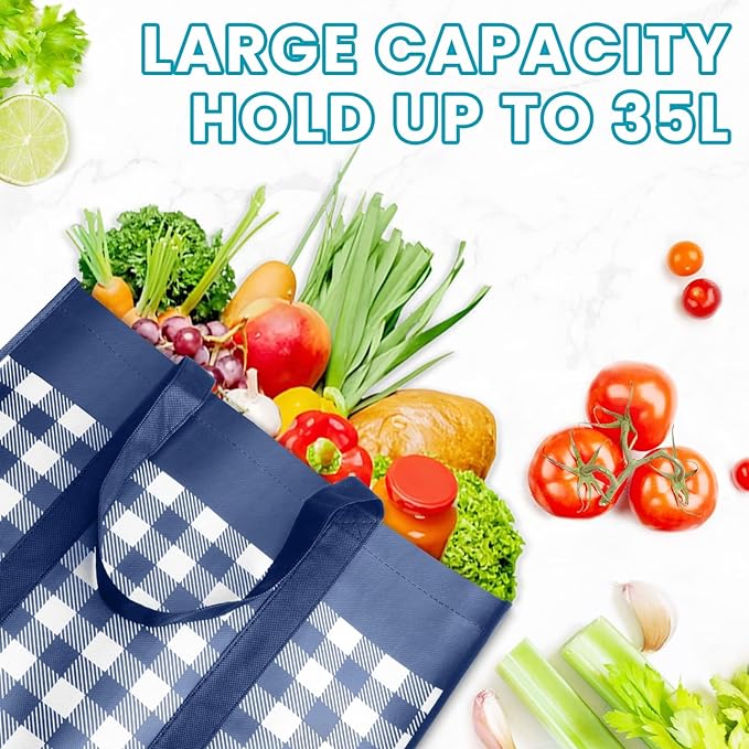 WOWBOX Reusable Grocery Bags,6-Pack, Foldable Reusable Shopping Tote Bags bulk with Reinforced Handles,Large Storage Bags with Water Resistant Coating for Groceries,Multipurpose,Blue-White