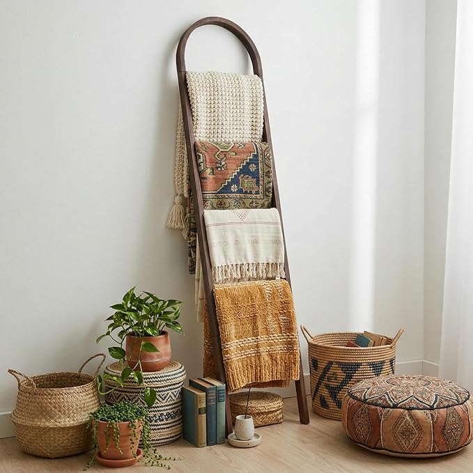 Sintuff Arched Blanket Ladder for Living Room, 5.5ft Wooden Blanket Rack, 5-Tier Natural Leaning Ladder Shelf for Farmhouse B