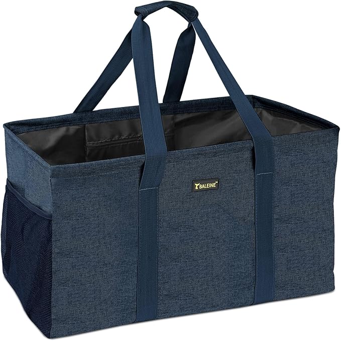 BALEINE Extra Large Utility Tote Bag with Reinforced Wire Frame, Reusable Grocery Bag for Shopping, Picnic (Blue, 22''x12''x10'')
