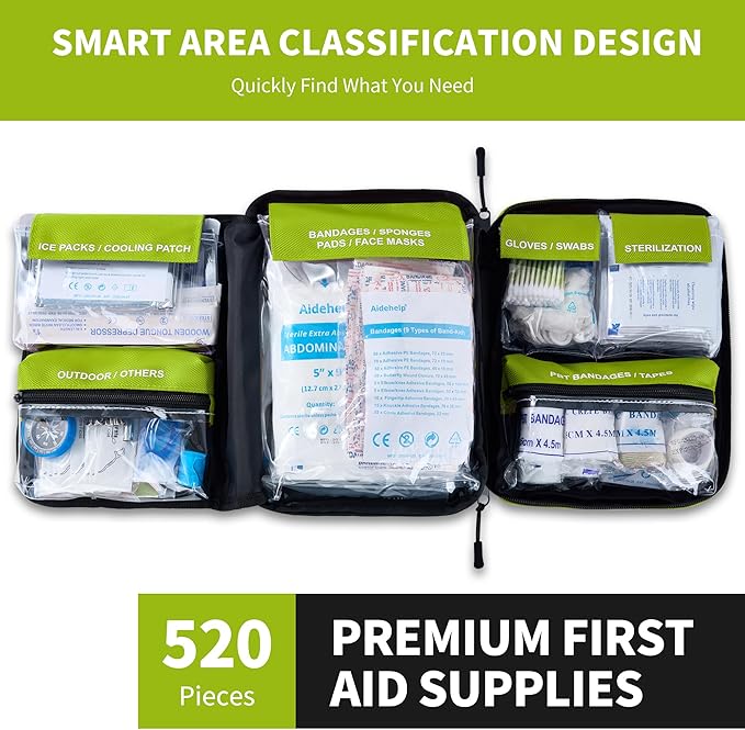 520 Pieces Premium First Aid Kit - Large Emergency Medical Kit for Survival, Car, Home, Travel, Camping, Backpack, Hiking, Sc