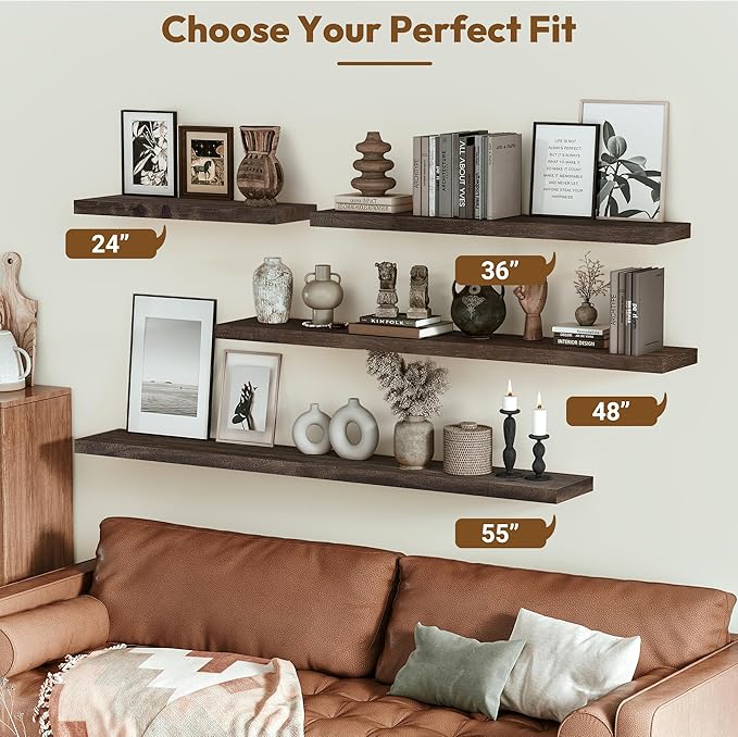 Vivelove Elm Wood Floating Shelves, Wooden Shelves for Wall with Invisible Bracket for Living Room Bedroom Bathroom Office Bo