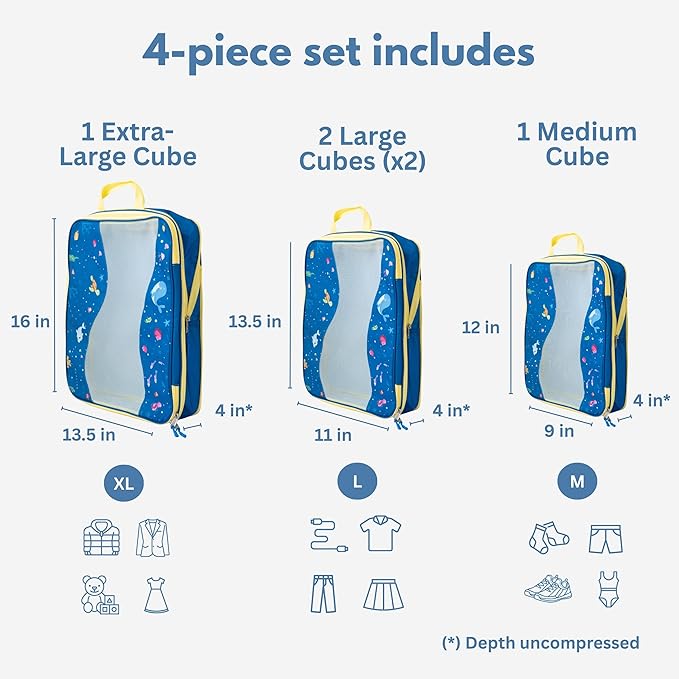 Kids Packing Cubes Compression, Luggage Packing Organization Cubes 4 Pack, Blue, 1 Small, 2 Medium, 1 Large, ocean blue