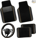 NBTEPEM Microfiber Steering Wheel Cover and Waterproof Car Floor Mats, Universal Fit Most Truck, SUV, Cars, 14.5-15inch Sporty Steering Wheel Covers with Anti-Slip Lining (Black with Beige line)