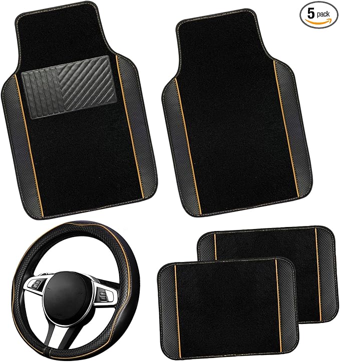 NBTEPEM Microfiber Steering Wheel Cover and Waterproof Car Floor Mats, Universal Fit Most Truck, SUV, Cars, 14.5-15inch Sporty Steering Wheel Covers with Anti-Slip Lining (Black with Beige line)