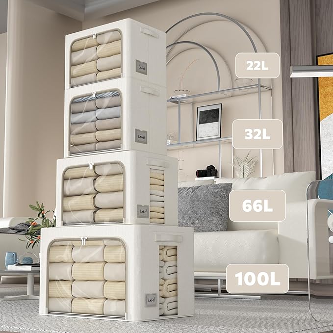 FHSQX 6 Pack Clothes Storage Bins with Metal Frame Foldable Storage Bins for Clothes Linen Fabric Storage Box with Clear Wind