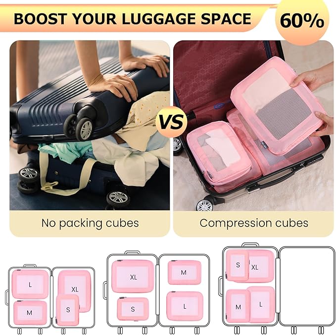 4 Set Ultralight Compression Packing Cubes Travel for Suitcases ，Compressible Mesh Packing Cubes for Travel Women Packing Org