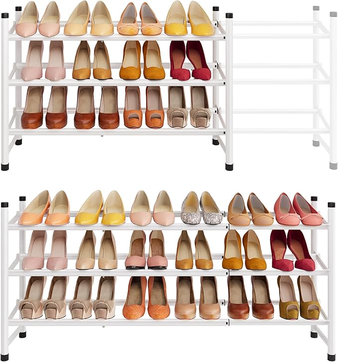 Tajsoon Expandable Shoe Rack for Closet 3 Tier, 28“-41“Adjustable & Stackable Shoe Shelf Storage, Metal Shoe Rack Organizer f