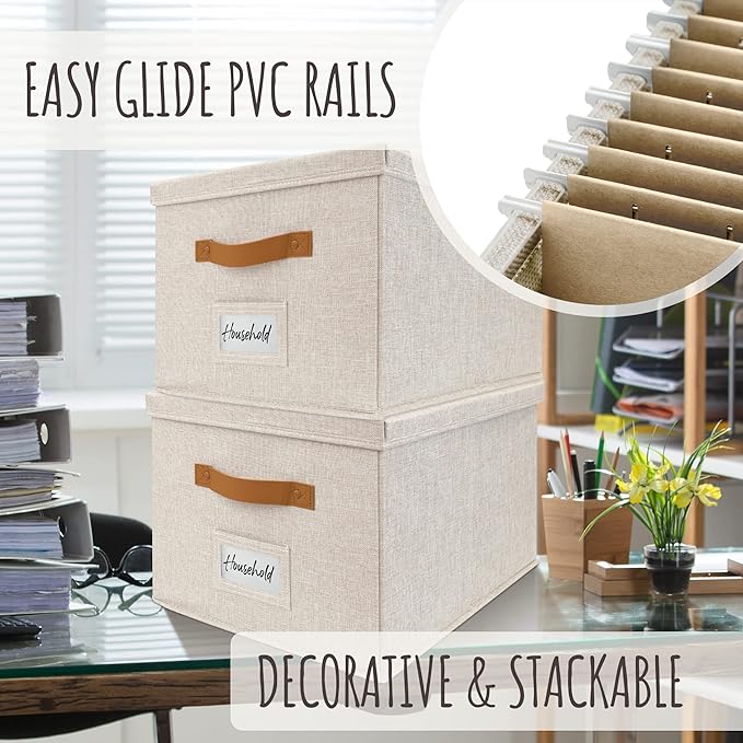 ZICOTO Decorative File Organizer Box Set of 2 - Collapsible Linen Filing Cabinets w/Handles Are Perfect to Store all Your Doc
