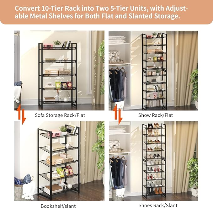 10 Tier Shoe Rack, Tall Metal Shoe Storage with Adjustable Shelves, Holds 20-25 Pairs, Stackable Shoe Stand for Garage Hallwa