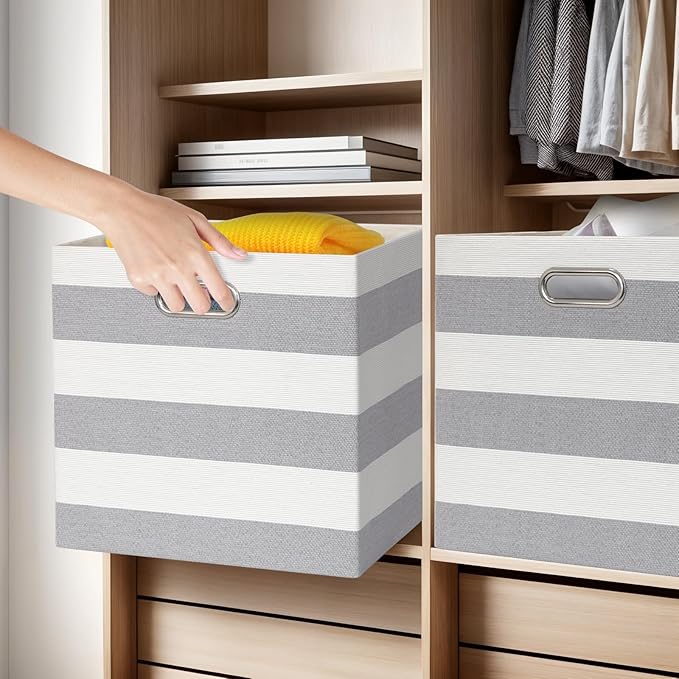 11x11 Cube Storage Bins, Collapsible Fabric Storage Cubes, Cubby Storage Organizer Bins Striped Container Baskets for Organiz