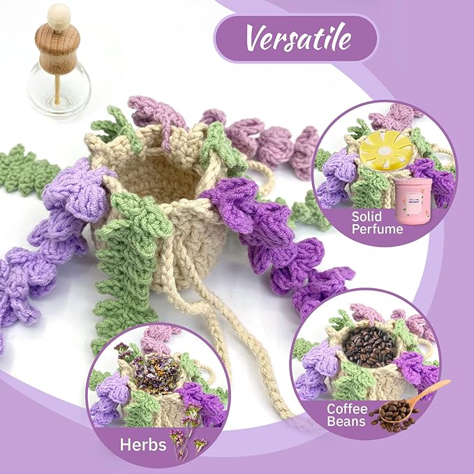 Crochet Car Air Freshener, 15ml Empty Refillable Oil Diffuser Bottle with Crochet Violet Hanging Plant for Car Rearview Mirro