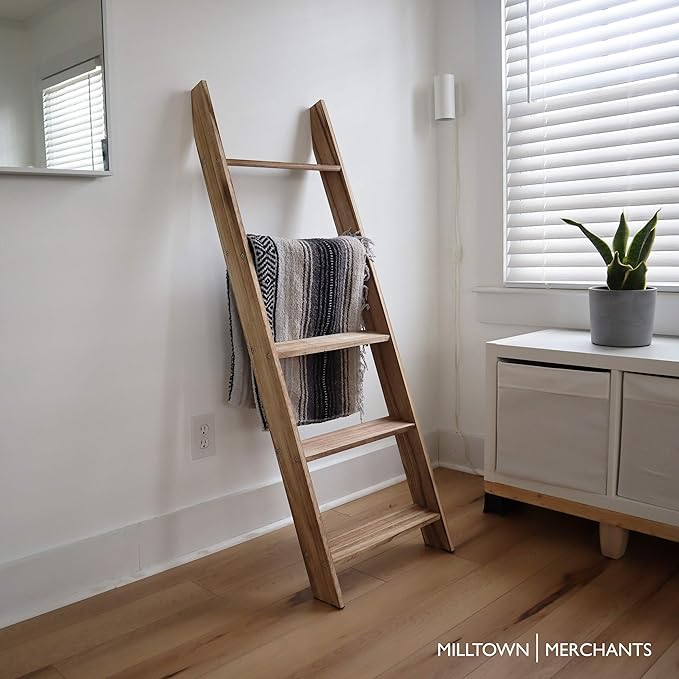 Milltown Merchants Rustic Blanket Ladder - Leaning Towel Rack for Living Room and Bedroom - Wood Holder for Throws (Driftwood
