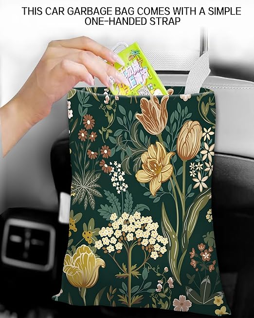 Car Trash Can, Durable Hanging Car Trash Garbage Bag, Cute Automotive Garbage Cans Organizer, Cute Green Floral