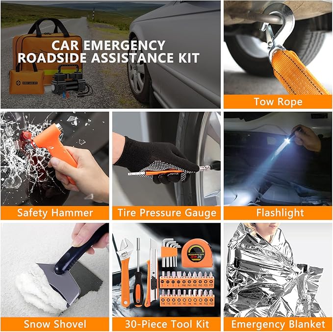 Car Emergency Kit with Portable Air Compressor - Roadside Assistance Emergency Kit with Jumper Cables, First Aid Kit, Auto To