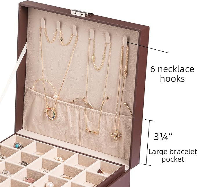 Frebeauty Earring Organizer Classic Jewelry Box 50 Slots Double Layer Jewelry Storage Case with 6 Necklace Hook and Bracelet 