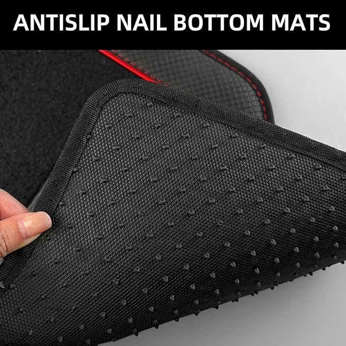 NBTEPEM Waterproof Universal Fit Car Floor Mats, Faux Leather Sporty Car Carpet Mats with Anti-Slip Nibbs Backing & Driver Heel Pad Fit for SUV, Vans, Sedans, Trucks, Set of 4 (Black with Red line)