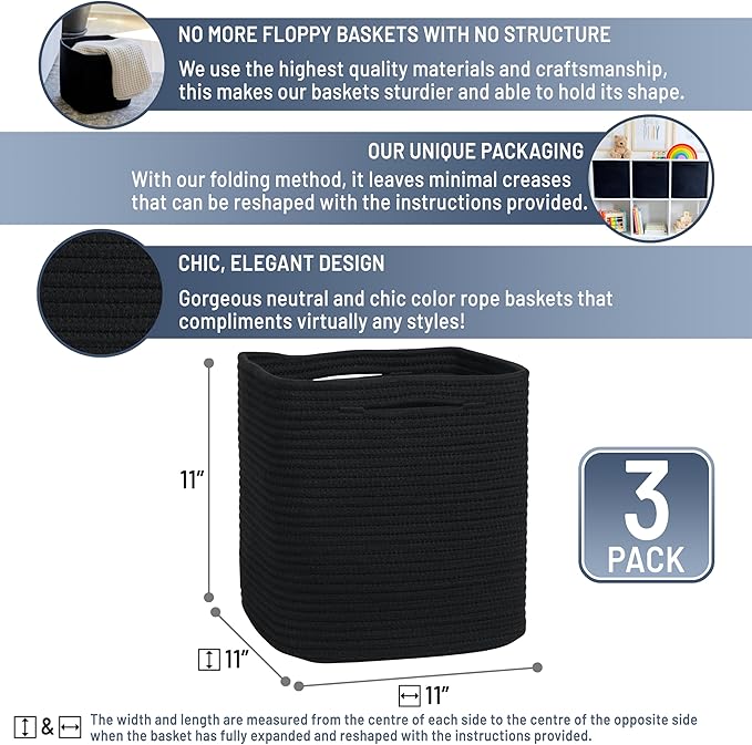 NaturalCozy Storage Cubes 11 Inch Cotton Rope Woven Baskets for Organizing, 3-Pack | Cube Storage Bin | Square Storage Basket
