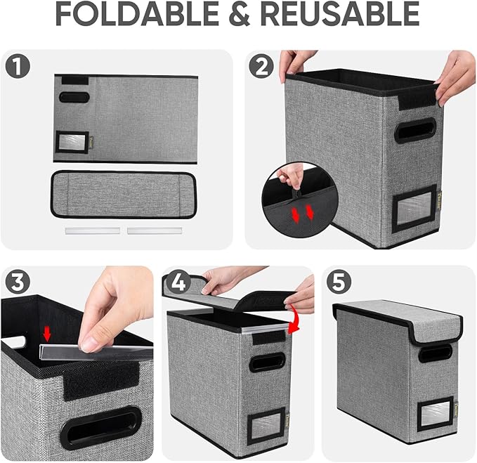 BALEINE File Organizer Box with Lid, Collapsible File Folder Organizer with Plastic Slide, Hanging File Folder Box for Office