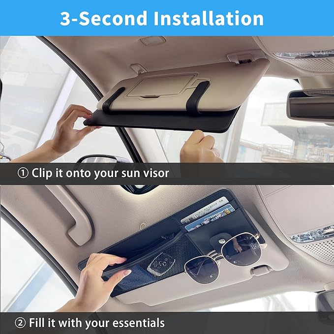 2 Packs Car Sun Visor Organizer with Pocket, Slim Leather Sun Visor Storage Pouch with Zipper, Mesh Pocket, Card Sleeves, Visor Sunglasses Holder for Cars, SUVs, Trucks, Sedan Universal Fit (Black)