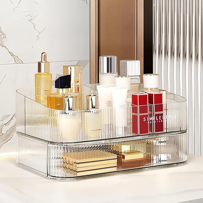 Clear Makeup Organizer for Vanity, Large Desk Organizer with Stackable Drawer for Cosmetics, Skincare, Lipsticks, Palette, Na