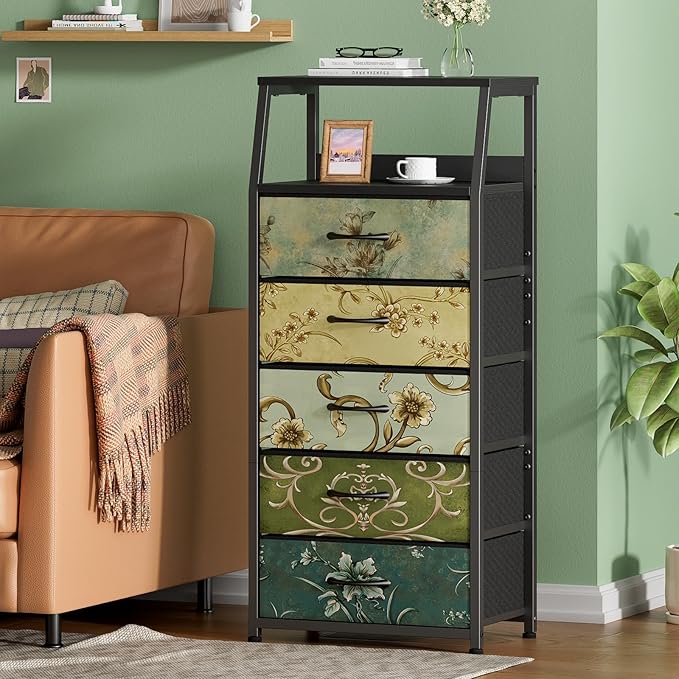 Furnulem Retro 5 Drawers Dresser, Tall Dressers for Bedroom, Closet, Hallway, Nursery, Fabric Storage Tower Organizer, Vertic