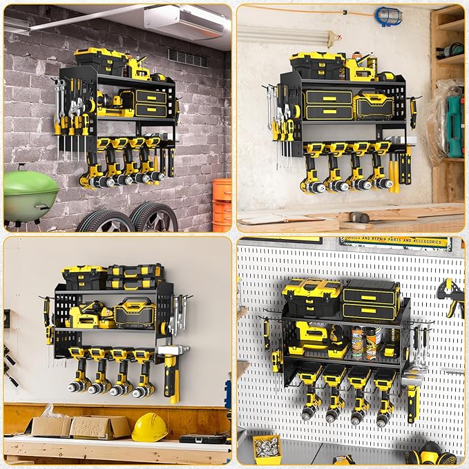 SPACECARE Power Tool Organizer, Drill Holder Wall Mount with 2 Side Pegboards with Hooks, 3 Layer Garage Organization Heavy D