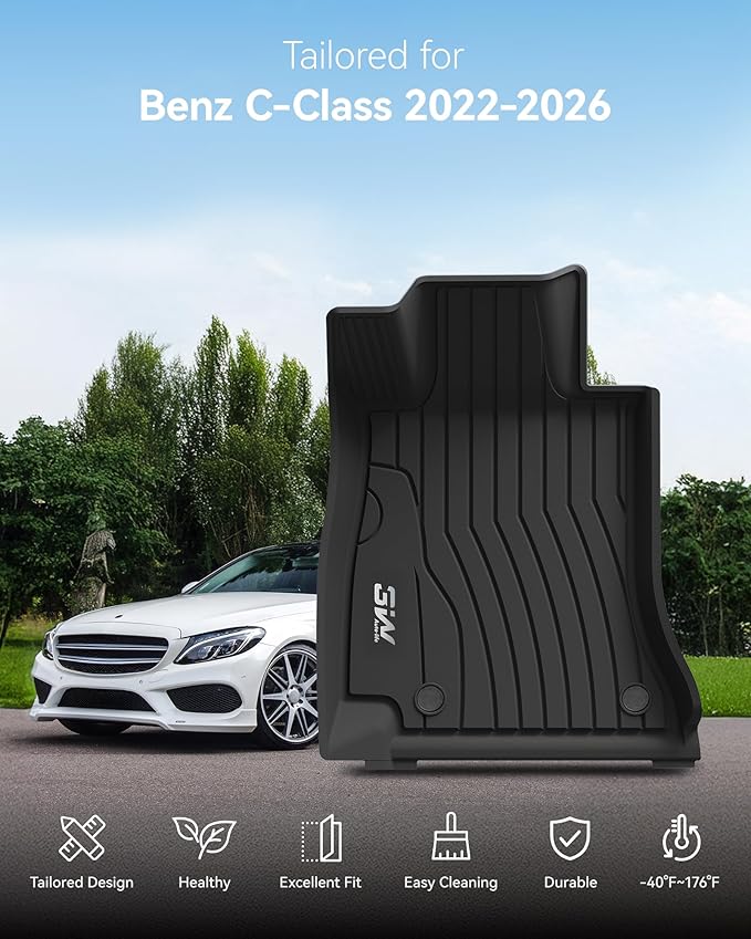 3W Floor Mats for Benz C-Class 2026 2025-2022 C300/C43 AMG/C63 AMG S/C63 AMG S E (Sedan Only), TPE All Weather Custom Fit Floor Liner for Benz C Class, 1st & 2nd Row Car Mats, Black