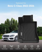 3W Floor Mats for Benz C-Class 2026 2025-2022 C300/C43 AMG/C63 AMG S/C63 AMG S E (Sedan Only), TPE All Weather Custom Fit Floor Liner for Benz C Class, 1st & 2nd Row Car Mats, Black
