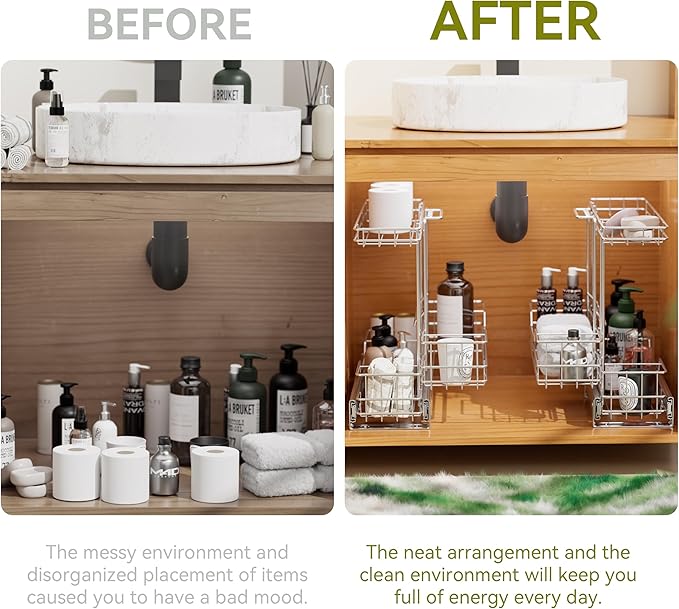 2 Tier Under Sink Organizer 11" W X18 D, Pull Out Cabinet Organizer One Removable Basket, Under Sink Slide Out Chrome Plated,