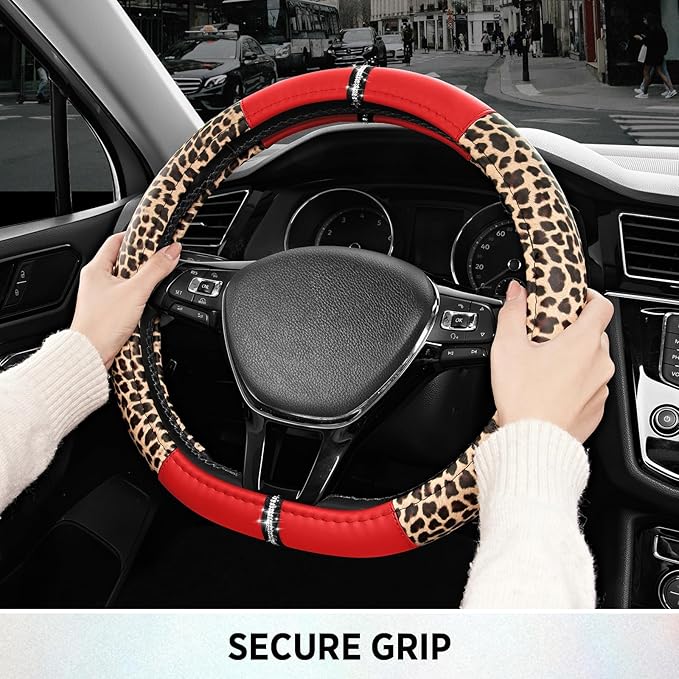 Road Comforts Leopard Steering Wheel Cover for Women, Cute Anti-Slip Microfiber Leather, Fits D Shape Flat Bottom Steering Wh