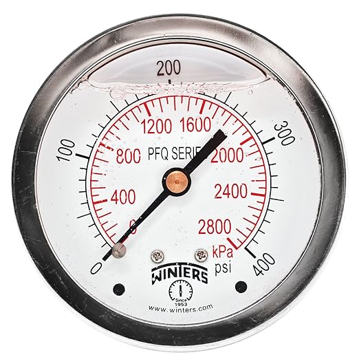 Winters 2-1/2" Dial Size, Liquid Filled Industrial Pressure Gauge, Brass Internals, 304 Stainless Steel Case, Dual Scale 0-400 psi/kPa, 1.5% Acc, 1/4" NPT Back Mount, Glycerin Filled Pressure Gauge
