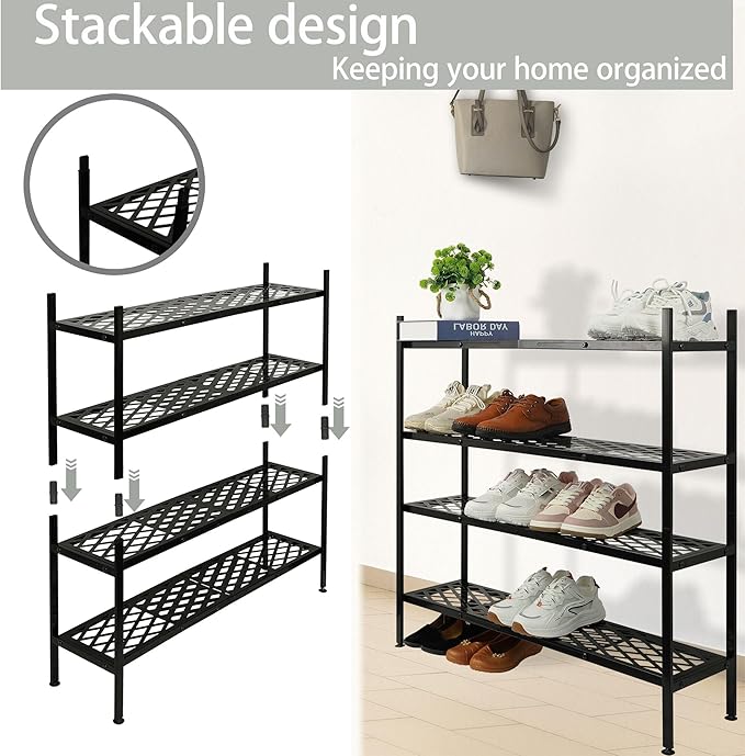 Shoe Rack, Expandable Shoes Organizer Metal Shelf Stand, 2 Tier Stackable Long Shoe Storage Holder For Closet, Floor, Entrywa