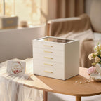 pickpiff Jewelry Box Organizer Case for Women: 5-Layer Jewelry Storage Case with Glass Window, Ivory Leather with Pink Velvet