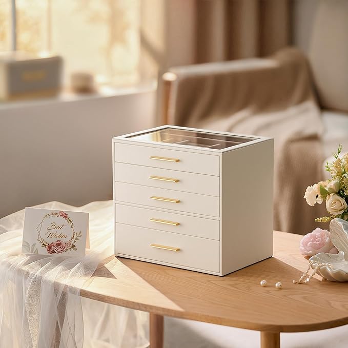 pickpiff Jewelry Box Organizer Case for Women: 5-Layer Jewelry Storage Case with Glass Window, Ivory Leather with Pink Velvet