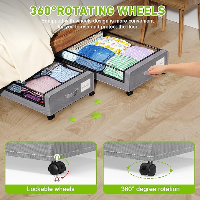 Under Bed Storage with Wheels, XXL 60L Under the Bed Storage Bins, Underbed Storage Containers with Lids & Label, Rolling Met