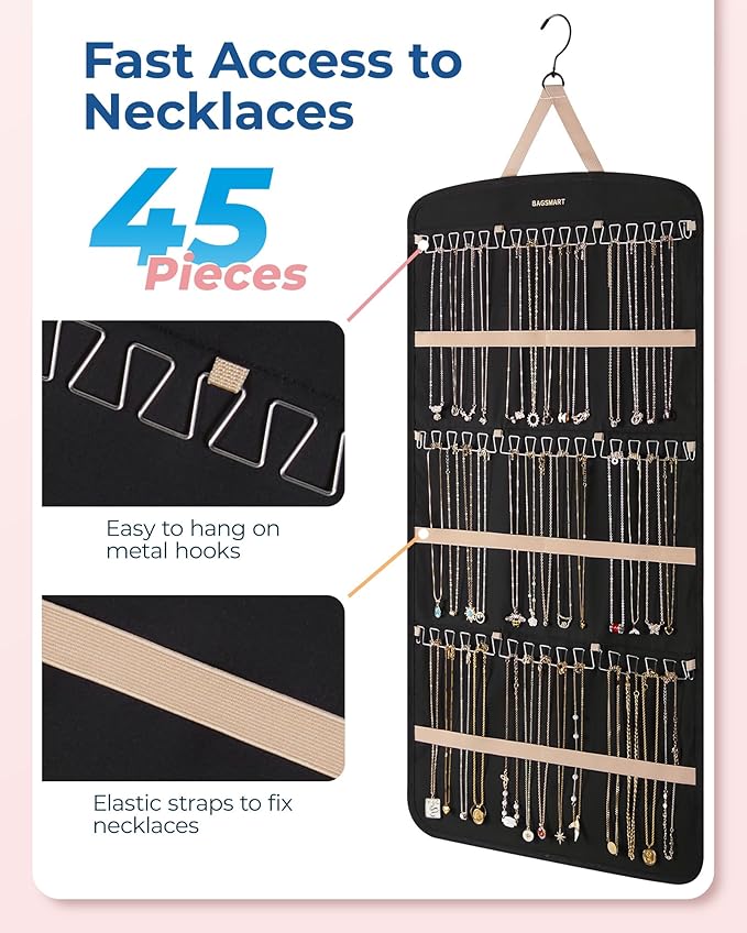 BAGSMART Hanging Jewelry Organizer, Necklace Holder Anti-tangle Earrings Rings Hanger with Pockets Hang on Closet, Wall, Door