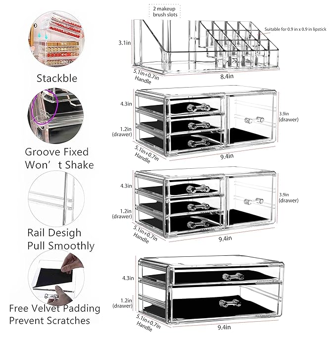 Cq Acrylic 4 Pack Clear Makeup Storage, Stackable 10 Drawer Organizer for Vanity, Jewelry, Hair Clip, Beauty & Skincare Produ