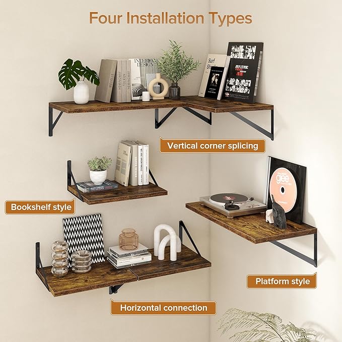 Deep Floating Shelves Wall Mounted, 36"x12" Brown Wood Shelves with Brackets Set of 2 for Bedroom, Living Room, Bathroom, Kit