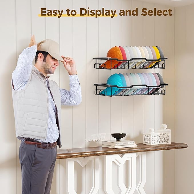 Nicetree Hat Rack for Wall - 2 Pack Metal Hat Organizer for Baseball Caps - Heavy Duty Wall Mounted Baseball Cap Organizer an