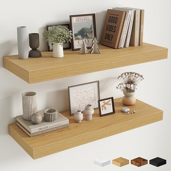 Fun Memories 32 x 12 Floating Shelves Wall-Mounted - Rustic Wood Shelf - 12 Inch Deep Floating Shelves for Wall - Large Stora