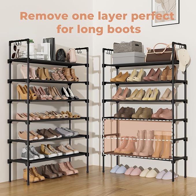 LANTEFUL 6 Tier Shoe Rack for Closet Shoe Organizer with 5 Hooks, Long Shoe Shelf Storage for Shoe and Boot Stackable Free St