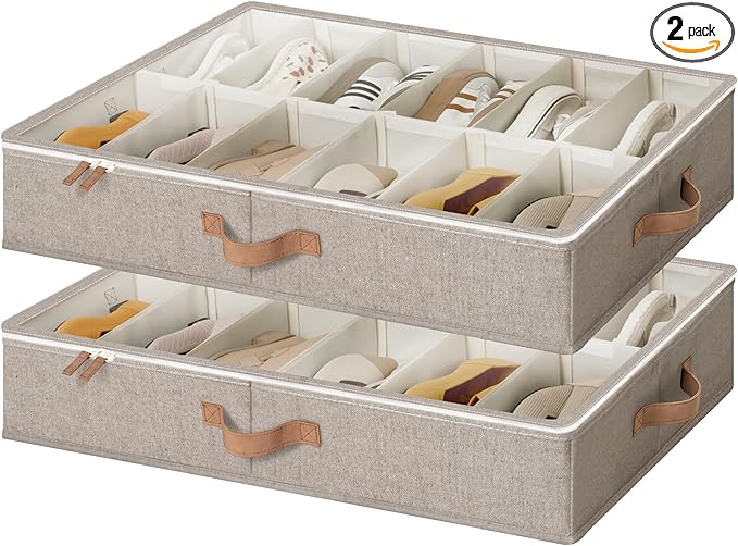 StorageWorks Shoe Organizer for Closet, Fits up to 24 Pairs, 2-Pack Ultra-thick Fabric Under Bed Shoe Storage Containers with