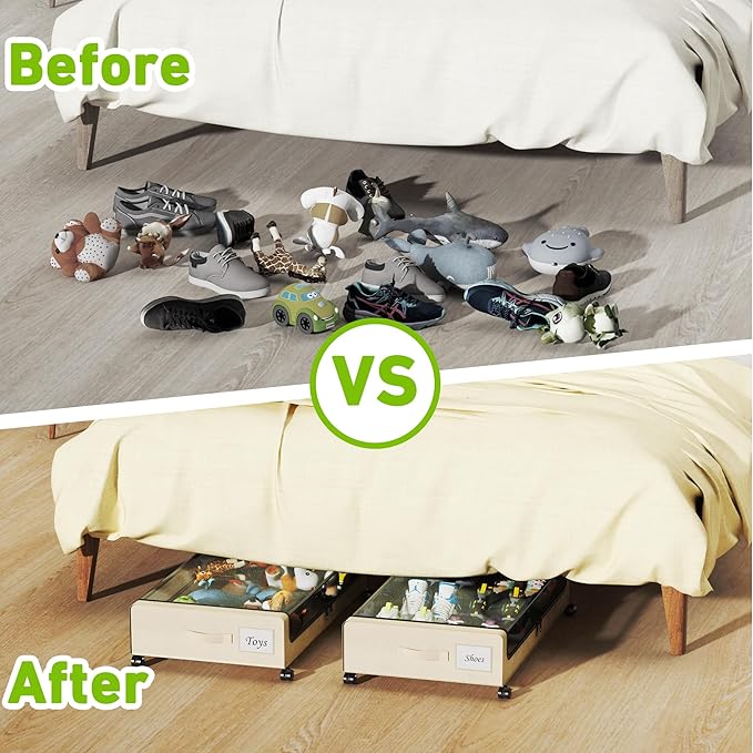 Under Bed Storage with Wheels, XXL 60L Under the Bed Storage Bins, Underbed Storage Containers with Lids & Label, Rolling Met