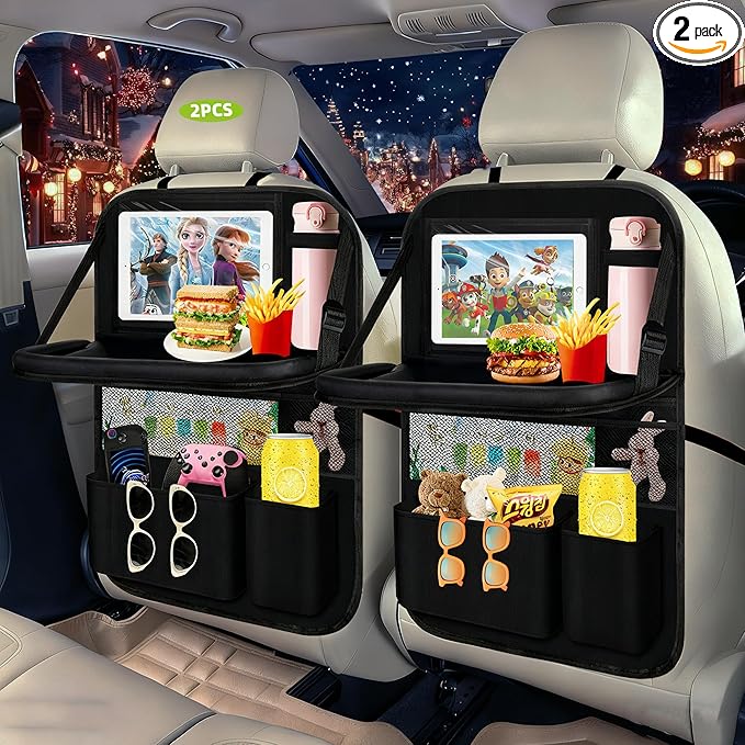 2PCS Backseat Car Organizer with Foldable Tray-9+2 Pockets Car Organizer and Storage,Car Seat Back Protector Road Trip Essentials Storage Caddy/Stuff for Cars/Truck/SUV Christmas Gifts