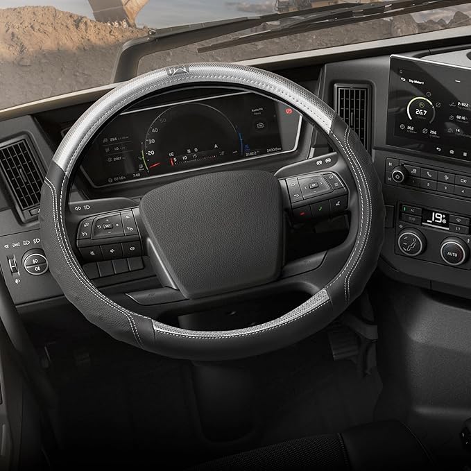 Cat® BigGrip Faux Gray/Black Leather Semi Truck Steering Wheel Cover, Fits RV and Big Rig Trucker, Steering Wheel Cover for Trucks 18 Wheeler - X-Large 17.5" - 18" Inches