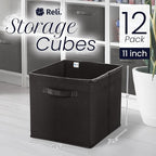 Reli. 11 Inch Cube Storage Bins (12 Pack) | Cube Organizer Bins | 11x11 Fabric Storage Boxes | Collapsible, Foldable Fabric C