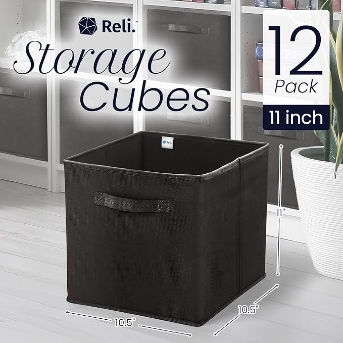 Reli. 11 Inch Cube Storage Bins (12 Pack) | Cube Organizer Bins | 11x11 Fabric Storage Boxes | Collapsible, Foldable Fabric C