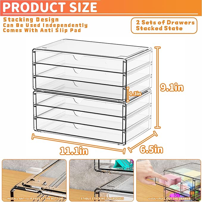 Yieach 2 Pack Acrylic Storage Drawers With 6 Drawers,Stackable Desk Organizer and Makeup Organizer,Large Clear Office Supplie