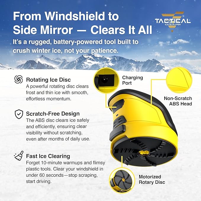 Tactical Ice Scraper Electric Scrapers for Car Windshield with Motorized Rotating Disc Rechargeable Cordless Scratch Free Best Ice Scrapper & Snow Remover Tool for Winter Driving