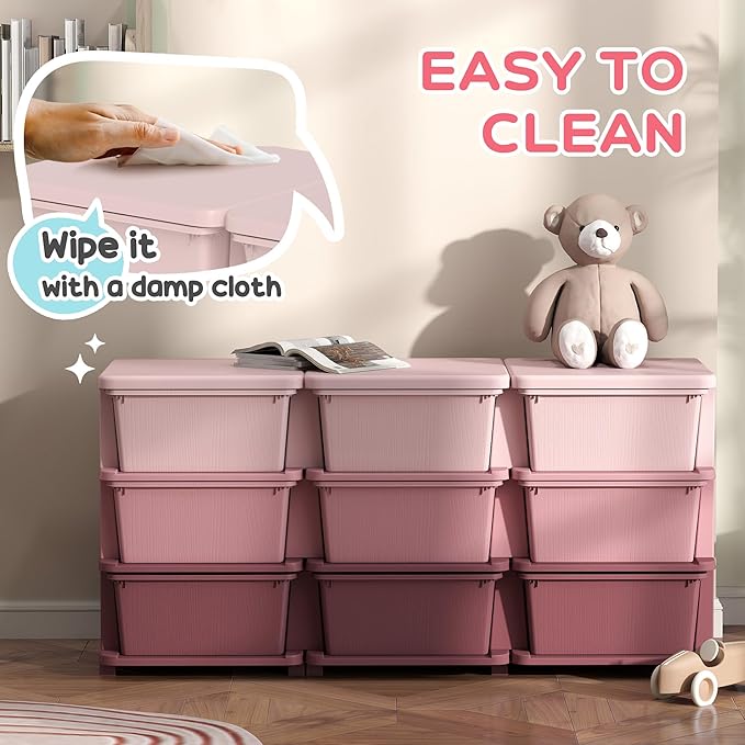 Qaba 3 Tier Kids Storage Unit, Toy Organizers and Storage with 9 Drawer Chest for Kids Bedroom Nursery Kindergarten Living Ro